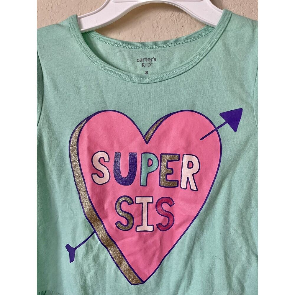 Carter’s Turquoise Sparkle Heart Super Sis Girls’ Long Sleeve Tee Top Size 8 - Picture 2 of 3